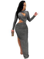 Tiefer V-Ausschnitt, figurbetontes Maxikleid mit seitlichem Schlitz und Glitzer