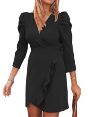 V Neck Puff Sleeve Ruffle Midi Dresses
