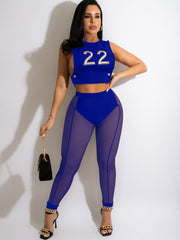 Zweiteilige ärmellose Crop-Tops und figurbetonte Netzhose