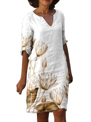 Bedruckte Midikleider mit halblangen Ärmeln und V-Ausschnitt