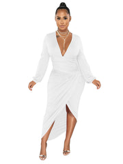Deep V Neck Long Sleeve Ruched Split Maxi Dresses