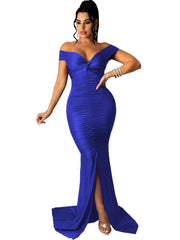 Vestidos largos fruncidos con abertura y escote en V y hombros descubiertos