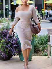 One-Shoulder-Langarm-Midikleider mit Schlitz