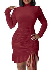 Langärmlige Minikleider mit Stehkragen, Rüschen und Kordelzug