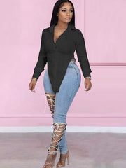 Long Sleeves Asummetrical Hem Shirts