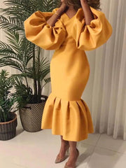 Bodycon-Midikleid mit langen Laternenärmeln und Fischschwanz