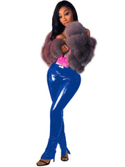 Pantalones largos de cuero PU con cintura alta y abertura