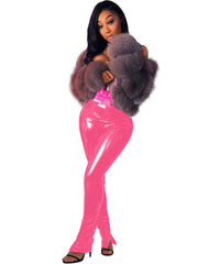 Pantalones largos de cuero PU con cintura alta y abertura