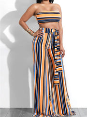Two Piece Outfits Stripe Bandeau Top+Wide Leg Pants Sets