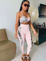 Two Piece Strap Snake Print Patchwork Tank Top & Long Pants