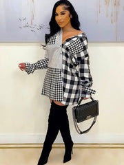 Vestido mini con botones y estampado de cuadros y manga larga de patchwork