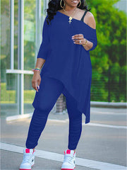 Conjunto de dos piezas de un hombro, top y pantalón de color liso