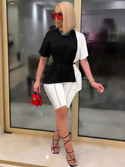 Two Piece Short Sleeve Color Block Tunic Tops &Skinny Shorts