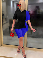 Two Piece Short Sleeve Color Block Tunic Tops &Skinny Shorts