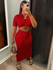 Two Piece Short Sleeve Crop Tops & Ruched Maxi Dress