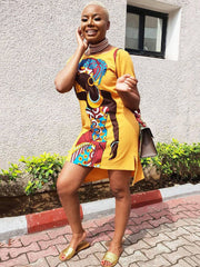 Vestido mini túnica informal de manga corta con estampado africano