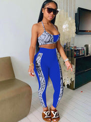 Two Piece Strap Snake Print Patchwork Tank Top & Long Pants