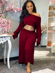Two Piece One Shoulder Long Sleeve Crop Top Wide Leg Pants