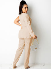 Two Piece One Shoulder Long Sleeve Blazer Belted Pants Suit