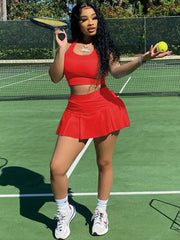 Two Piece Sleeveless Tank Crop Top & Pleated Mini Skirt