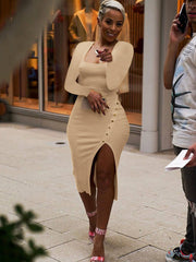 Ribbed Long Sleeve Button High Split Midi Dress