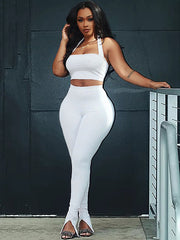 Two Piece Solid Color Tube Tops+Skinny Flare Pants Sets