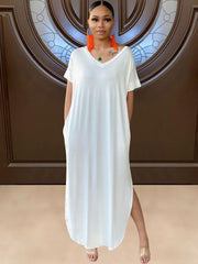 Vestidos largos casuales de color sólido con mangas cortas y aberturas laterales