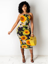 Halter Spaghetti Strap Sunflower Print Bodycon Dresses