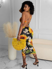 Halter Spaghetti Strap Sunflower Print Bodycon Dresses