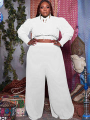 Plus Size Two Piece V Neck Crop Top & Ruffle Wide Leg Pants