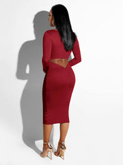 Elegant Solid Color Hollow Out Bodycon Midi Dresses