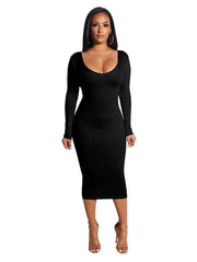 Elegant Solid Color Hollow Out Bodycon Midi Dresses