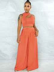 Two Piece Sleeveless Crop Tops & High Waist Palazzo Pants