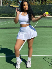 Two Piece Sleeveless Tank Crop Top & Pleated Mini Skirt