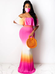 Vestidos largos con estampado floral, volantes y colores degradados con hombros descubiertos