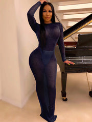 Langärmliges, rückenfreies, figurbetontes Maxikleid aus Netzstoff