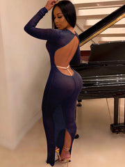 Langärmliges, rückenfreies, figurbetontes Maxikleid aus Netzstoff