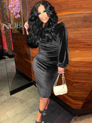 Velvet Off The Shoulder Long Sleeve Midi Dresses