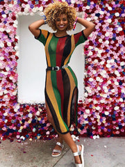 Vestidos midi de crochet de rejilla calada con rayas arcoíris