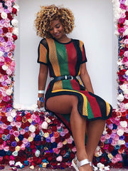 Vestidos midi de crochet de rejilla calada con rayas arcoíris