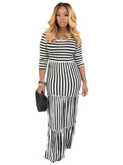 Casual Striped Ruffle Hem Maxi Dresses