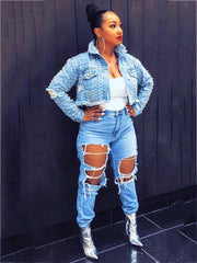 Chaquetas vaqueras cortas vintage con remaches y agujeros rotos