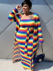 Plus Size Two Piece Rainbow Open Front Cardigan Dresses Sets