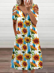 Vestido midi con hombros descubiertos, manga corta, escote en V y cremallera