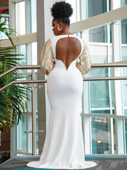 Einfarbiges, glitzerndes Maxikleid mit langen Puffärmeln und Fischschwanz