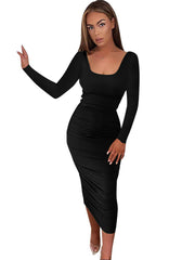 Langärmliges Maxikleid mit tiefem Löffelausschnitt und Rüschen