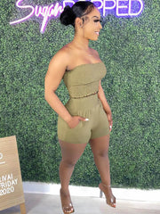 Two Piece Ruched Strapless Tube Crop Tops+Shorts Sets