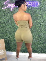 Two Piece Ruched Strapless Tube Crop Tops+Shorts Sets