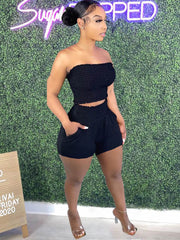 Two Piece Ruched Strapless Tube Crop Tops+Shorts Sets