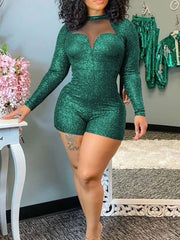 Long Sleeve Glitter High Neck Short Jumpsuit